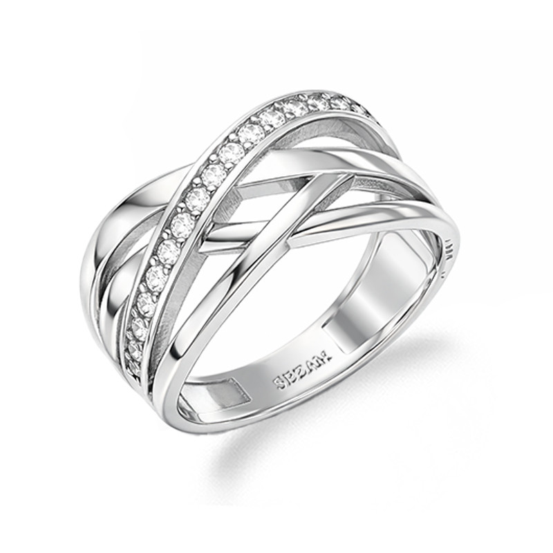 Pierścionek szeroki ażur pasy z cyrkoniami, srebro 925