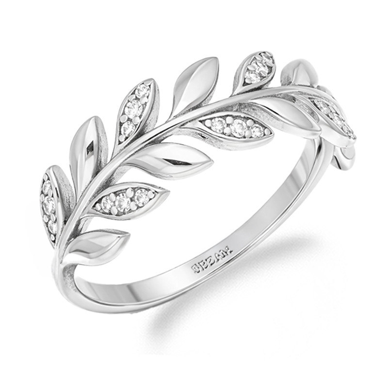 Pierścionek gałązka listki z cyrkoniami, srebro 925