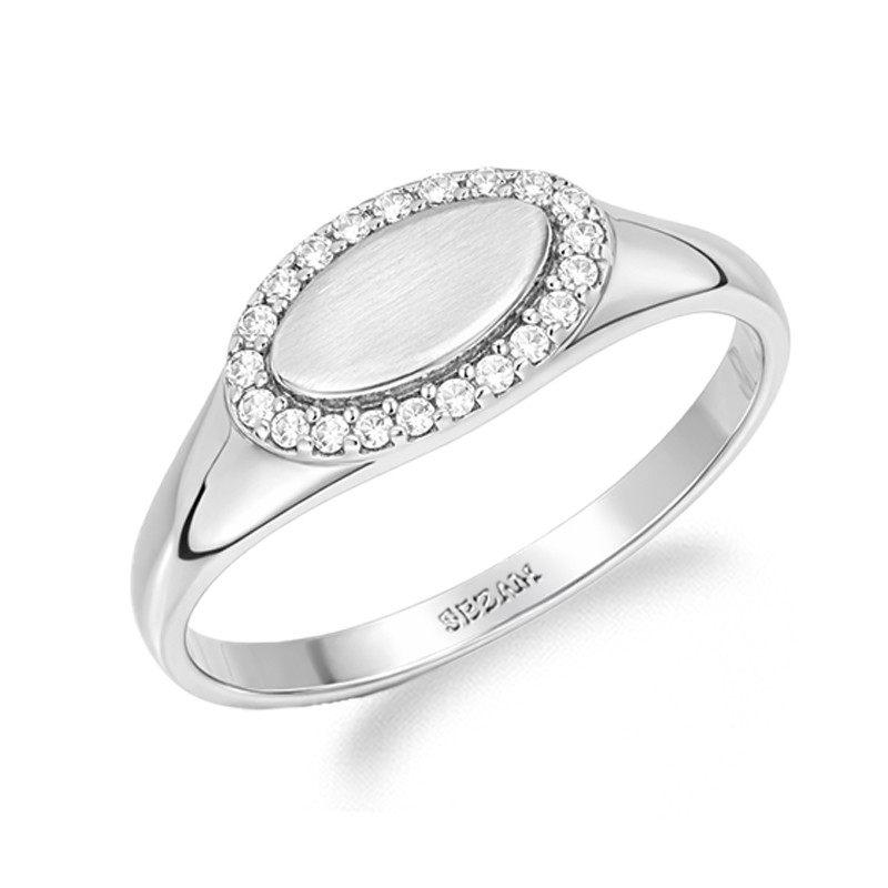 Pierścionek srebrny owalny sygnet z cyrkoniami, próba 925