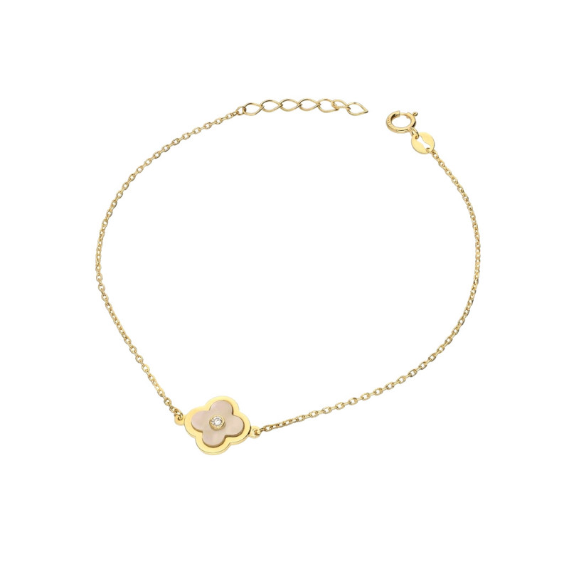 Złota Bransoletka Koniczynka Masa Perłowa Cyrkonie - JubilerSezam.pl