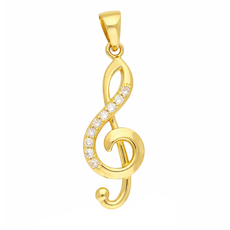 Wisiorek klucz wiolinowy z cyrkoniami, złoto 375