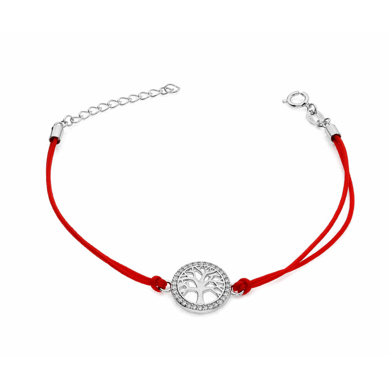 Bransoletka srebrna drzewo z kole z cyrkoniami, sznurek czerwony