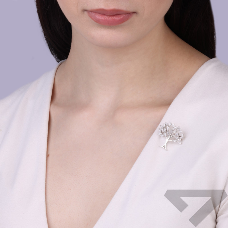 Broszka drzewko szczęścia z cyrkoniami białymi, srebro 925