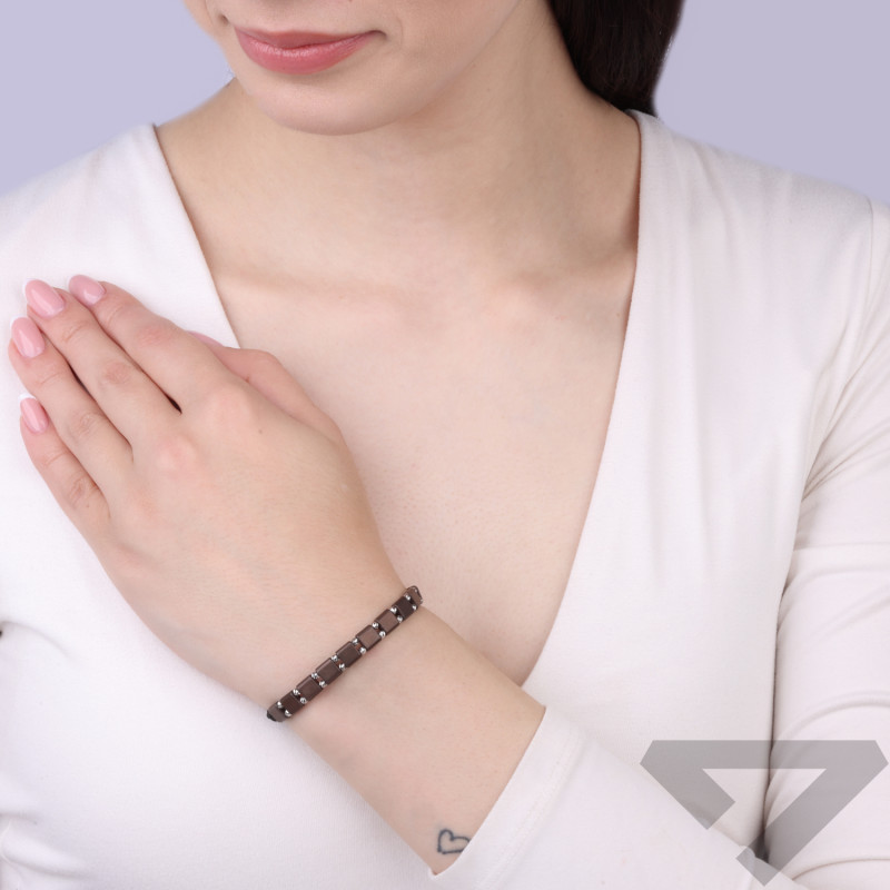 Bransoletka sznurkowa z hematytem brązowym, diamentowane kulki srebro 925