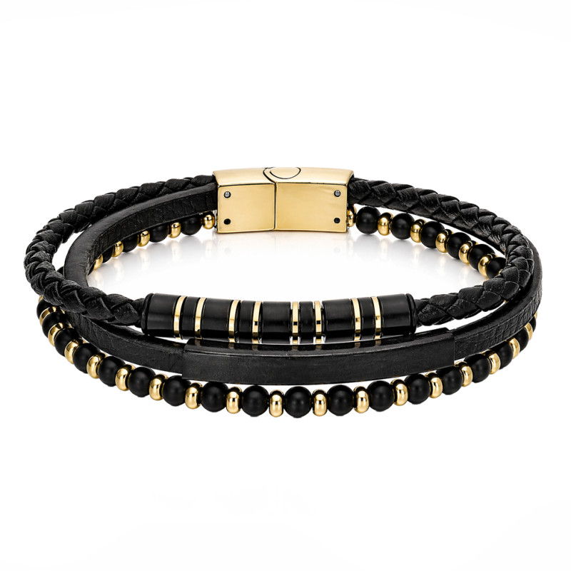 Bransoletka stalowa potrójna, skóra i koraliki