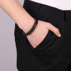 Bransoletka męska z czarnej stali i skóry