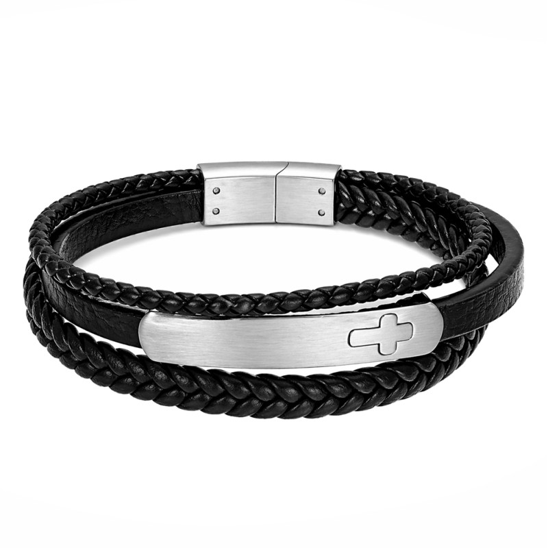 Bransoleta z czarnej skóry ze stalową blaszką i krzyżem