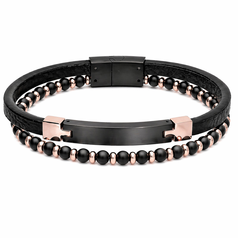 Bransoletka stalowa ze skóry czarnej i kulek