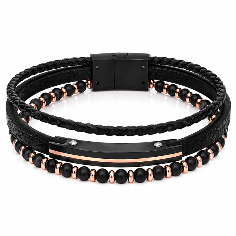 Bransoletka męska z czarnej stali i skóry