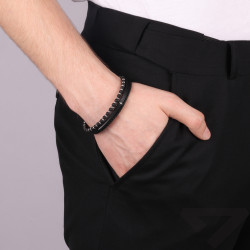 Bransoletka męska stal i czarna skóra