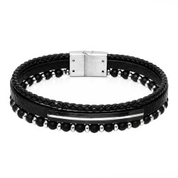 Bransoletka męska stal i czarna skóra