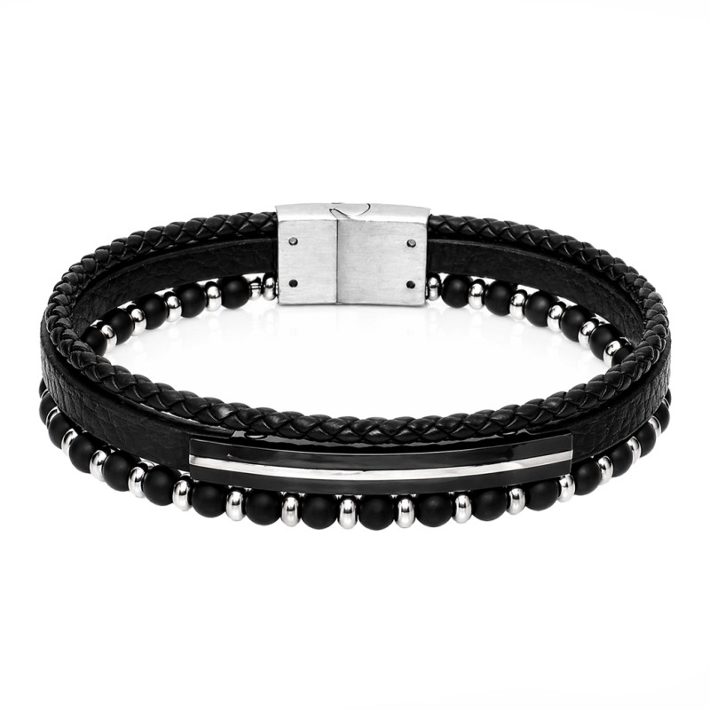 Bransoletka męska stal i czarna skóra