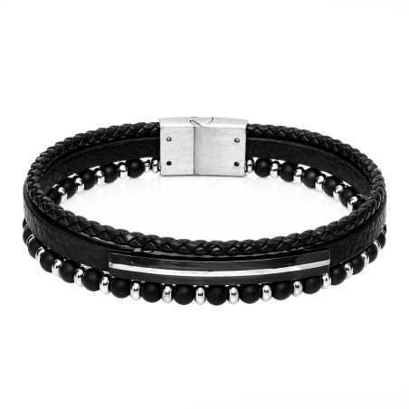 Bransoletka męska stal i czarna skóra