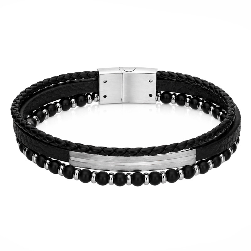 Bransoletka potrójna ze stali i skóry dla mężczyzny