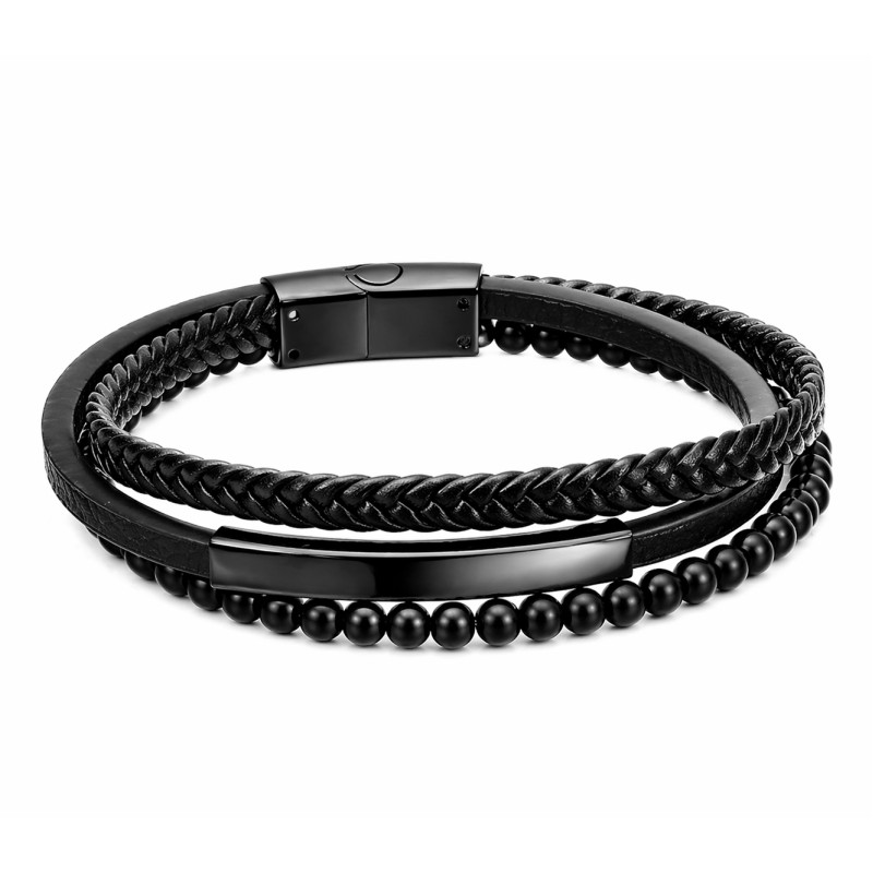 Bransoletka męska potrójna, stal i czarna skóra