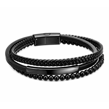 Bransoletka męska potrójna, stal i czarna skóra