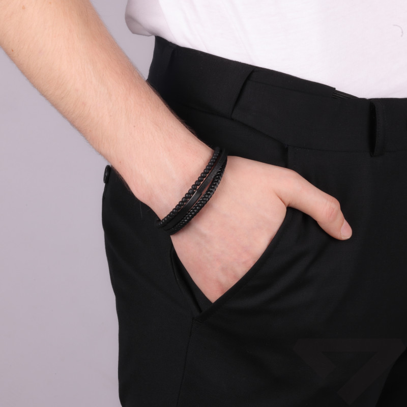 Bransoletka męska potrójna, stal i czarna skóra