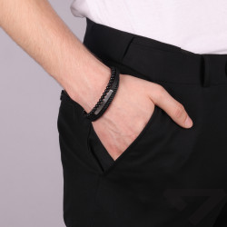 Bransoletka męska potrójna, stal i czarna skóra