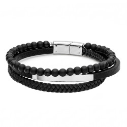 Bransoletka męska potrójna, stal i czarna skóra