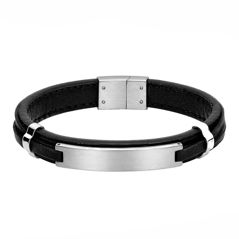 Bransoletka męska z czarnej skóry i stali
