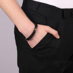 Bransoletka stalowa męska z czarną  skórą i czarną blaszką