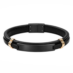 Bransoletka stalowa męska z czarną  skórą i czarną blaszką
