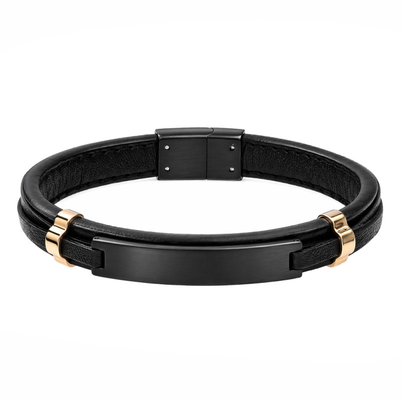 Bransoletka stalowa męska z czarną  skórą i czarną blaszką