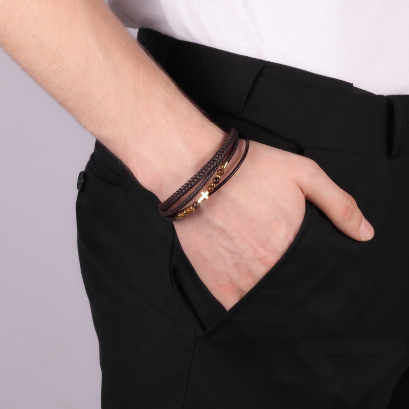 Bransoletka skórzana brązowa z krzyżykiem