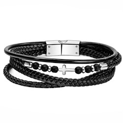 Bransoleta skórzana czarna ze stali z krzyżykiem