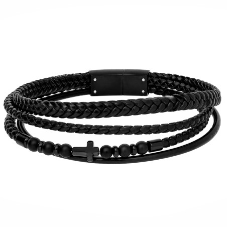 Bransoletka skórzana ze stali czarnej z krzyżykiem
