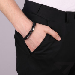 Bransoletka stalowa podwójna z czarnej skóry