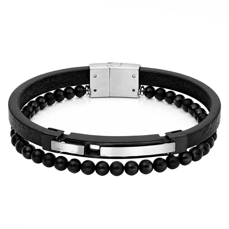 Bransoletka stalowa podwójna z czarnej skóry