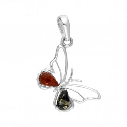 Wisiorek srebrny 925 motyl z bursztynem koniakowym i zielonym