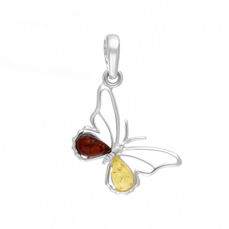 Wisiorek srebrny 925 motyl z bursztynem koniakowym i żółtym