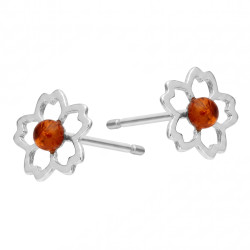 Kolczyki srebrne sztyfty kwiatek z bursztynem miodowym, srebro 925
