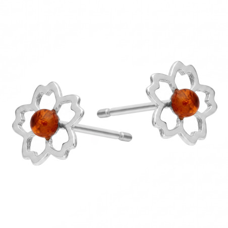 Kolczyki srebrne sztyfty kwiatek z bursztynem miodowym, srebro 925