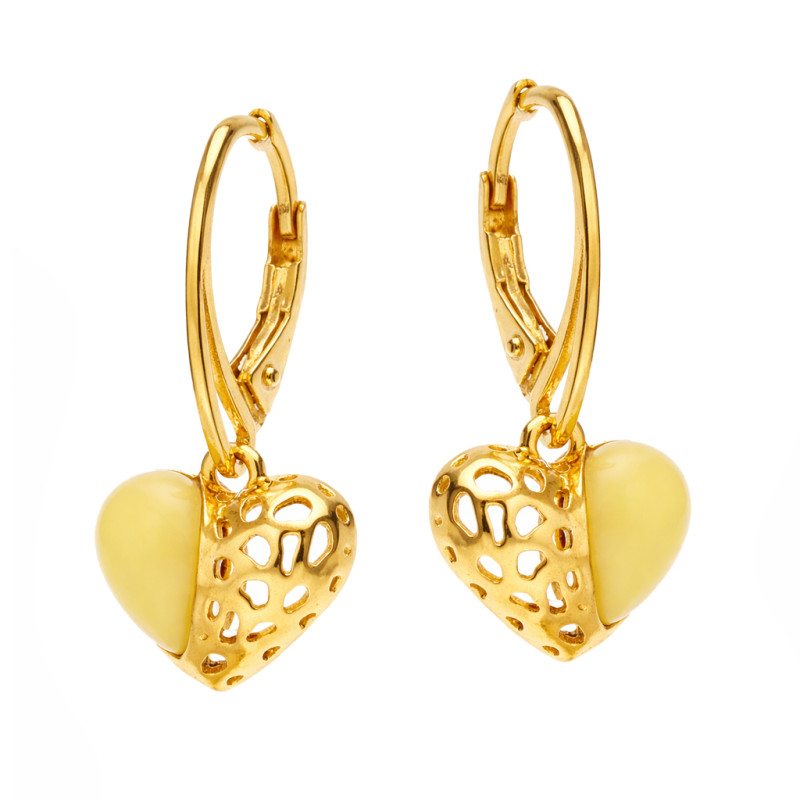 Komplet srebrny 925 w kolorze złotym w kształcie serca z bursztynem mlecznym