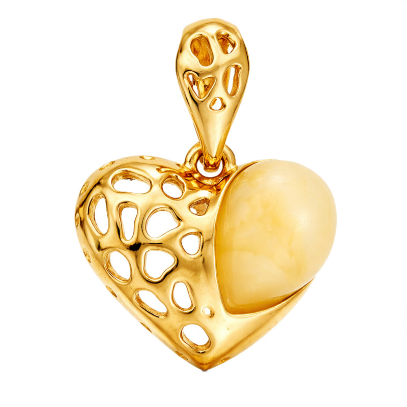 Komplet srebrny 925 w kolorze złotym w kształcie serca z bursztynem mlecznym