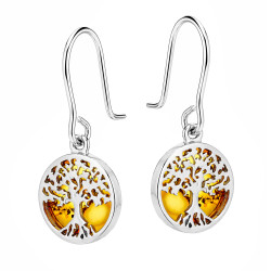 Kolczyki srebrne 925 z bursztynem i drzewem życia