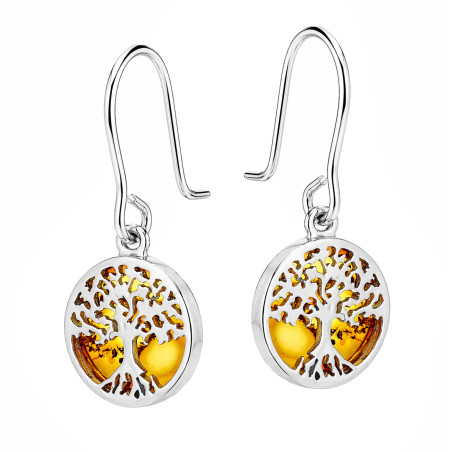 Kolczyki srebrne 925 z bursztynem i drzewem życia