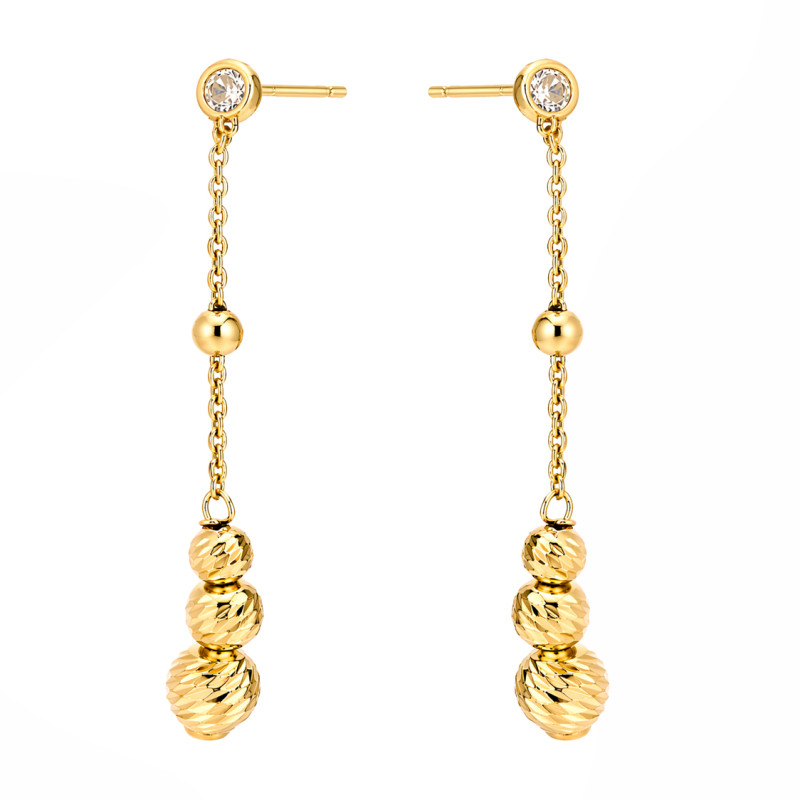 Kolczyki srebrne koloru złotego z diamentowanymi kulkami i cyrkonią, próba 925