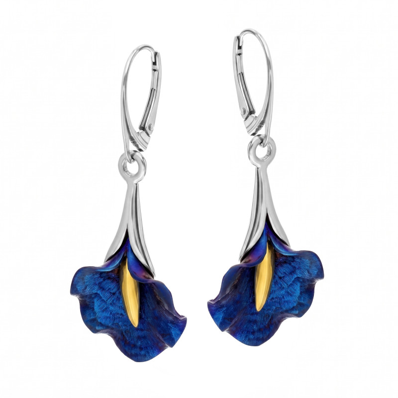 Kolczyki wiszące z tytanowym falowanym liściem w oprawie ze srebra 925
