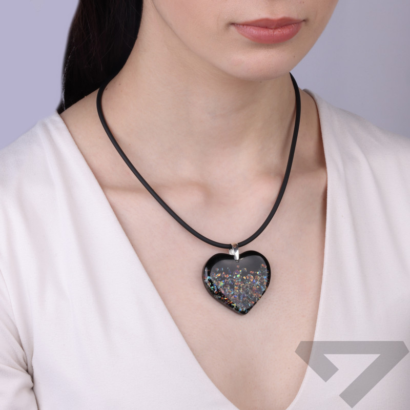 Serduszko ze szkła Murano CASANOVA czarne z kolorowymi drobinkami