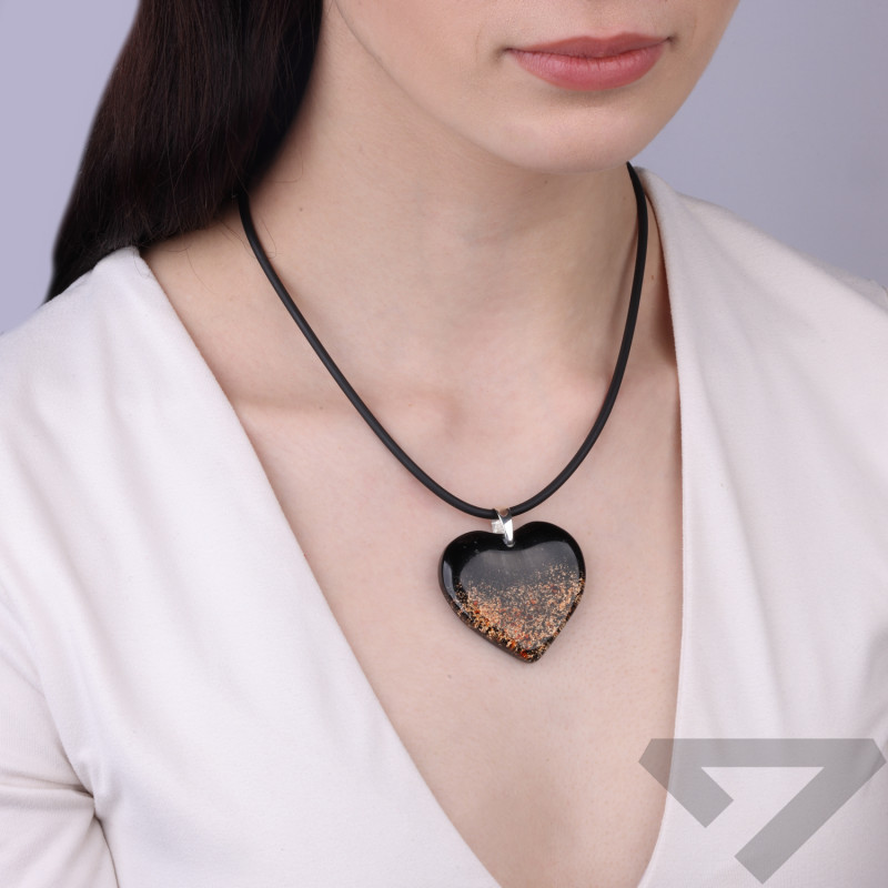 Serduszko ze szkła Murano CASANOVA czarne z brązowymi drobinkami