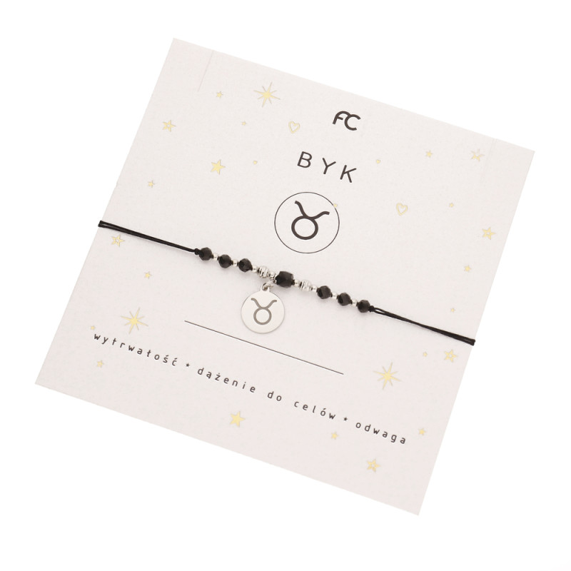 Bransoletka sznurkowa ze znakiem zodiaku Byk i fasetowanym turmalinem, srebro 925