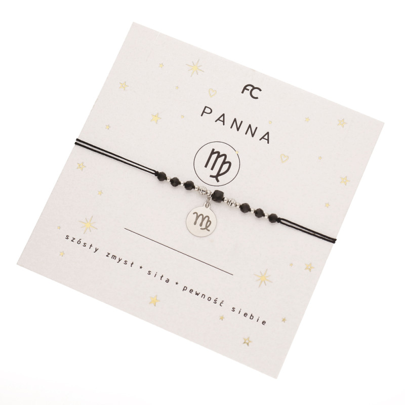 Bransoletka sznurkowa ze znakiem zodiaku Panna i czarnymi turmalinami, srebro 925