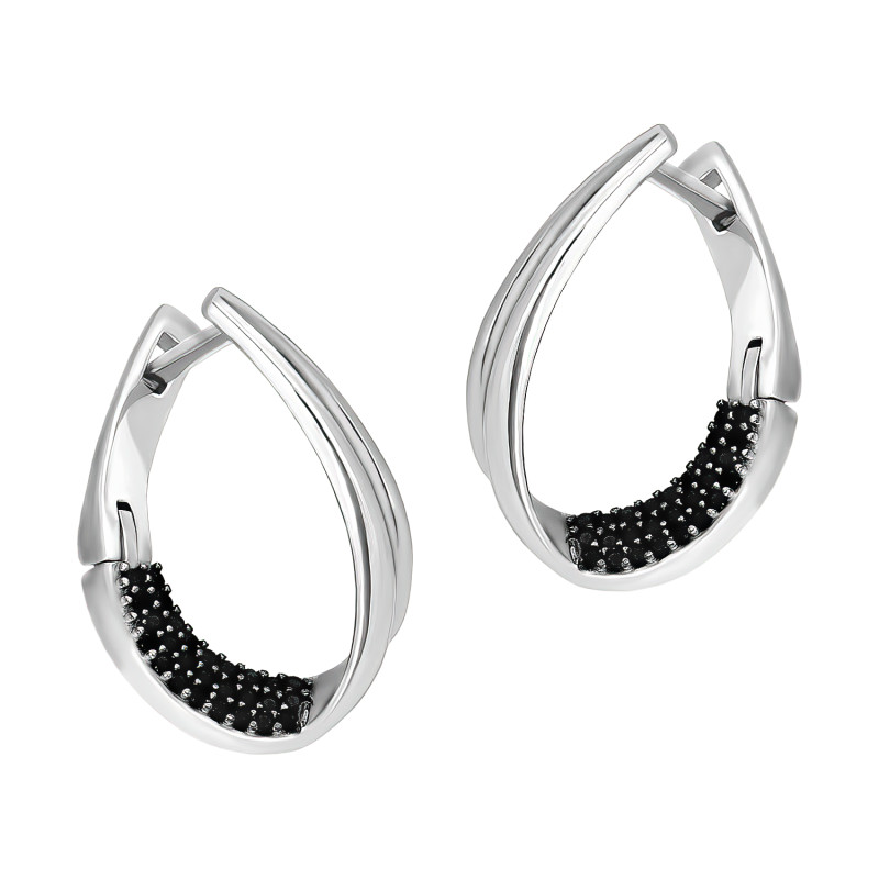 Kolczyki srebrne łezka 3D z czarnymi cyrkoniami