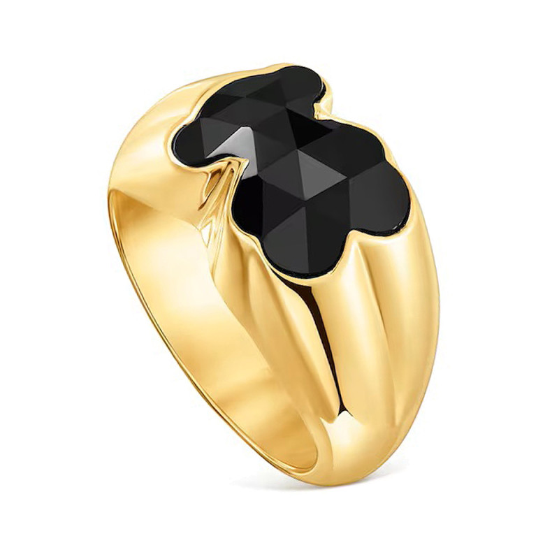 Pierścionek ze srebra pokrytego 18-karatowym złotem z motywem misia z onyksu TOUS Icon Color