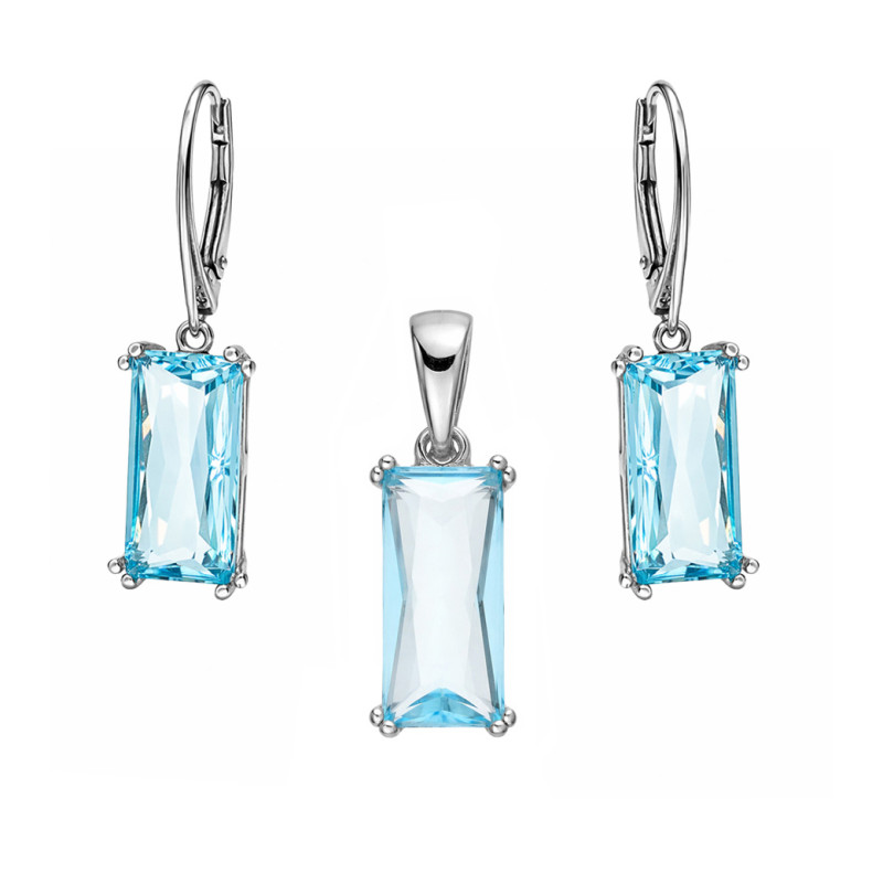 Komplet biżuterii srebrnej kolczyki i wisiorek z topazem laboratoryjnym