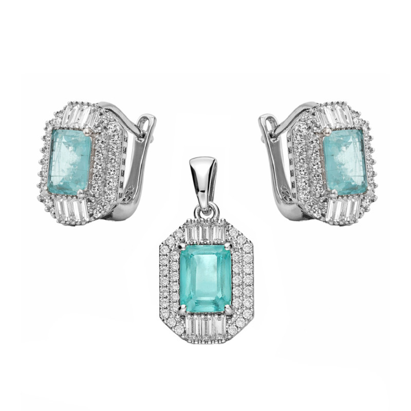 Komplet srebrnej biżuterii kolczyki i wisiorek z cyrkoniami białymi i błękitnymi próba 925